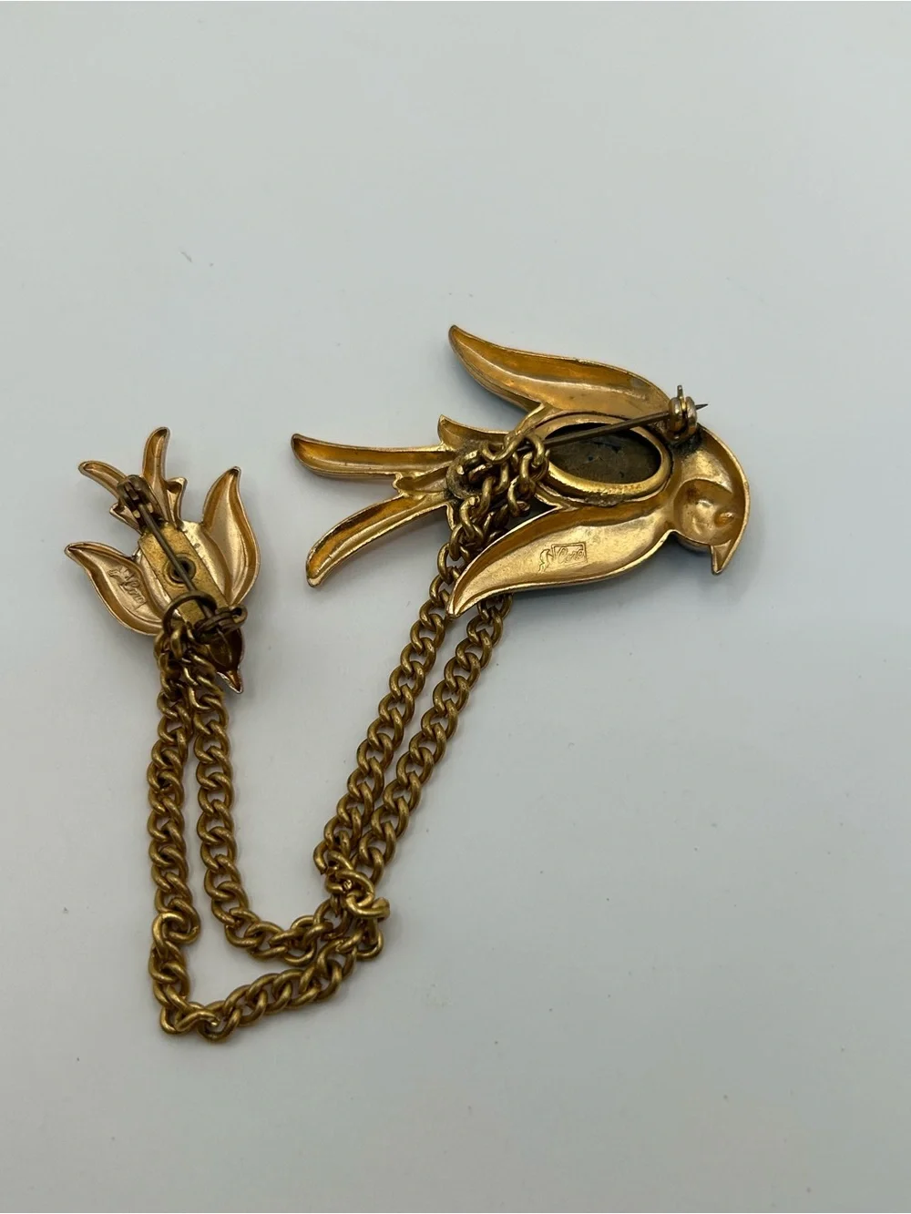 Vintage Coro Pegasus Blue Enamel Bird Chain Brooch - Elegant Blue Crystal Accent